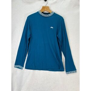 Stussy Mens Sz‎ Large Teal Greek Key Trim Long Sleeve Crewneck Shirt Streetwear